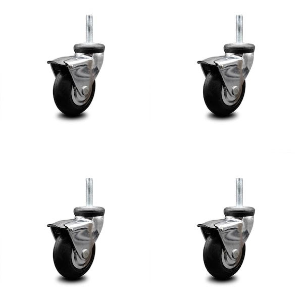 Service Caster 3 Inch Hooded Neoprene Rubber 8mm Threaded Stem Casters with Brakes SCC, 4PK SCC-TS03S310-NPRB-BC-B-M815-4 - main